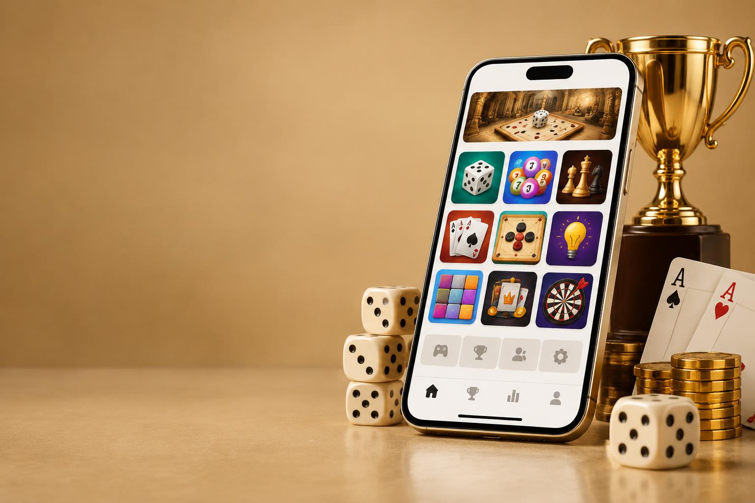 Illustrative gaming phone with dice, cards and a trophy
